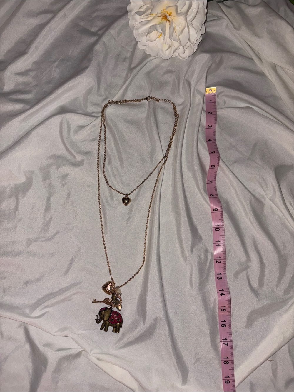Gold-Tone Layered Elephant Pendant Necklace with Heart Charm